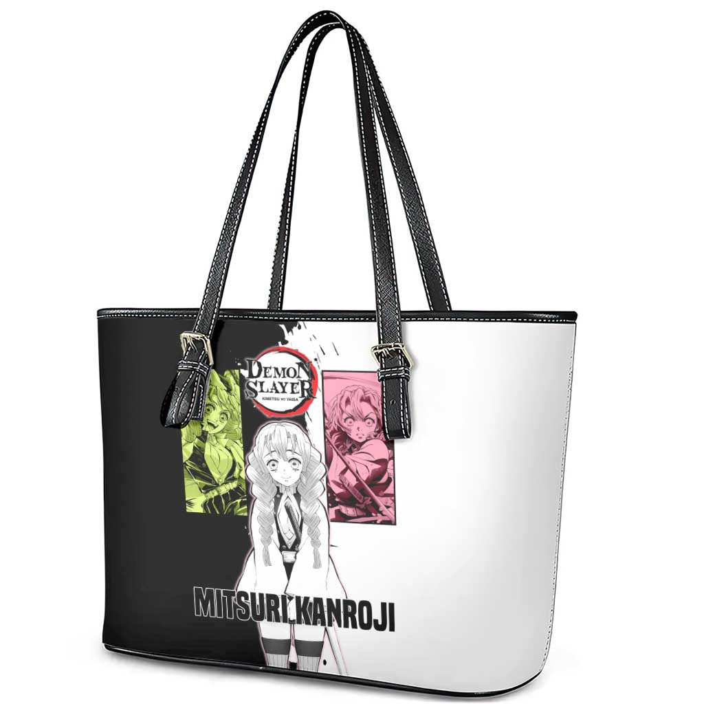 Mitsuri Kanroji from Demon Slayer Leather Tote Bag with Black and White Split Background and Energetic Sword Pose Manga Style Design - The Mazicc