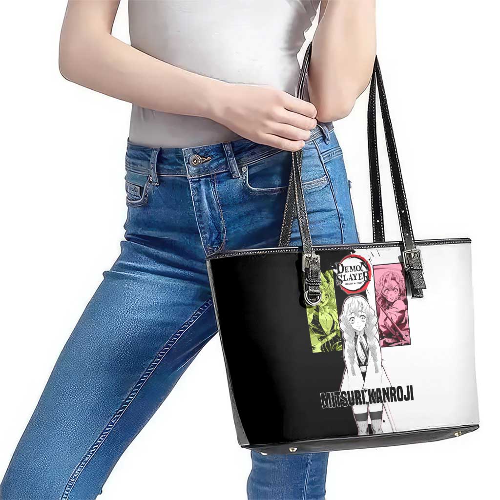 Mitsuri Kanroji from Demon Slayer Leather Tote Bag with Black and White Split Background and Energetic Sword Pose Manga Style Design - The Mazicc
