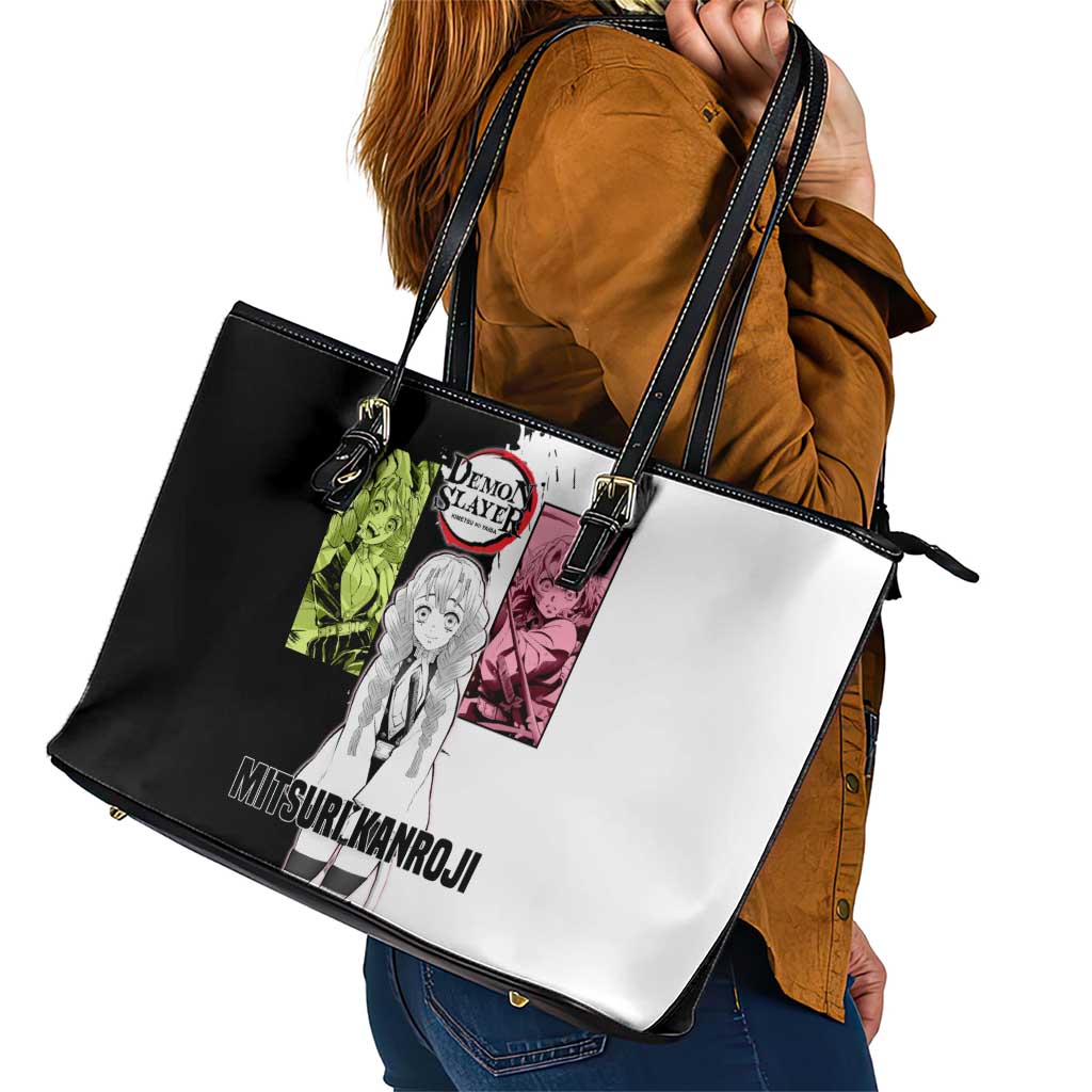 Mitsuri Kanroji from Demon Slayer Leather Tote Bag with Black and White Split Background and Energetic Sword Pose Manga Style Design - The Mazicc