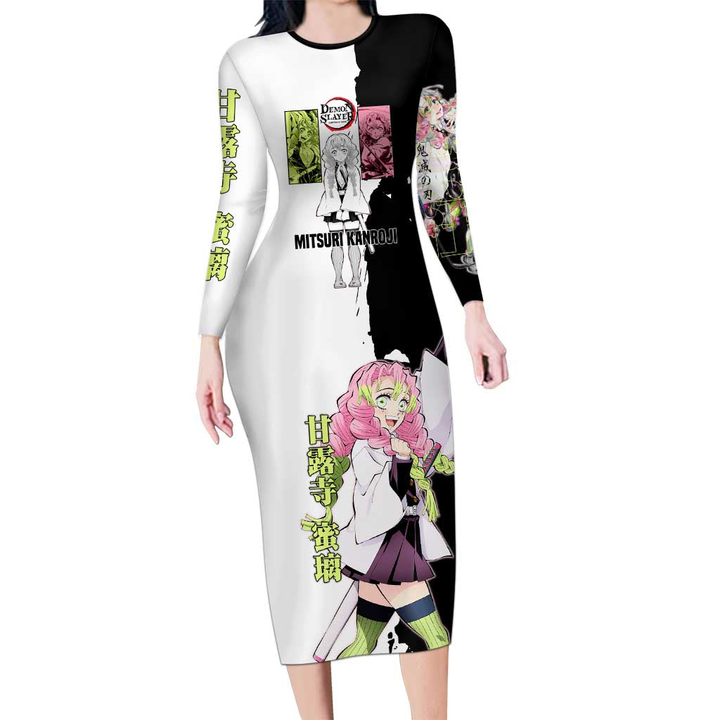 Mitsuri Kanroji from Demon Slayer Long Sleeve Bodycon Dress with Black and White Split Background and Energetic Sword Pose Manga Style Design - The Mazicc