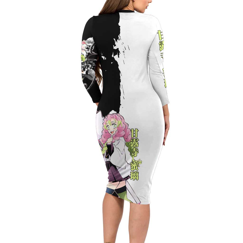 Mitsuri Kanroji from Demon Slayer Long Sleeve Bodycon Dress with Black and White Split Background and Energetic Sword Pose Manga Style Design - The Mazicc