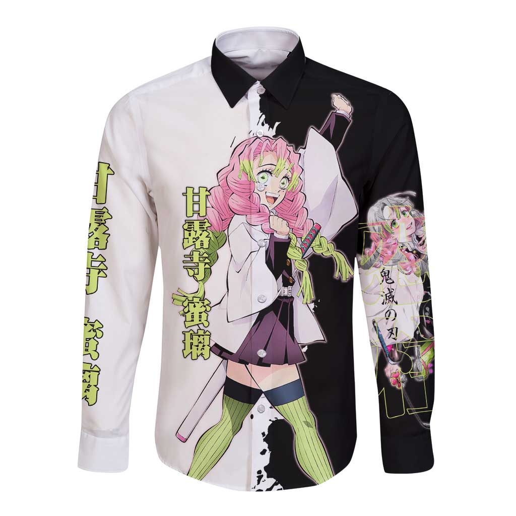 Mitsuri Kanroji from Demon Slayer Long Sleeve Button Shirt with Black and White Split Background and Energetic Sword Pose Manga Style Design - The Mazicc
