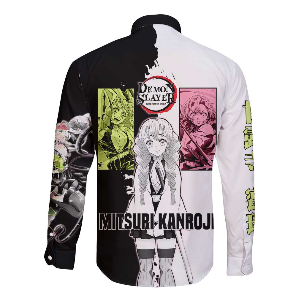 Mitsuri Kanroji from Demon Slayer Long Sleeve Button Shirt with Black and White Split Background and Energetic Sword Pose Manga Style Design - The Mazicc