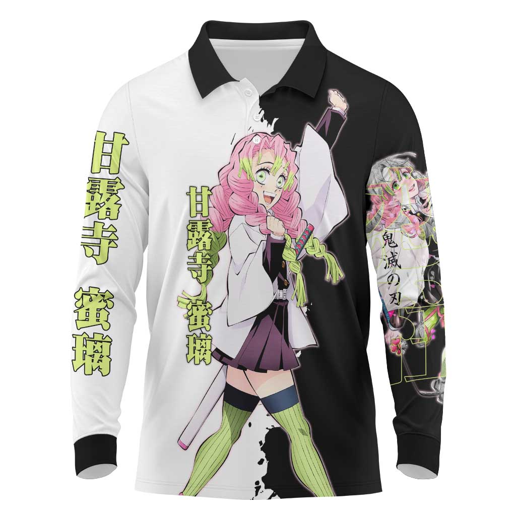 Mitsuri Kanroji from Demon Slayer Long Sleeve Polo Shirt with Black and White Split Background and Energetic Sword Pose Manga Style Design - The Mazicc