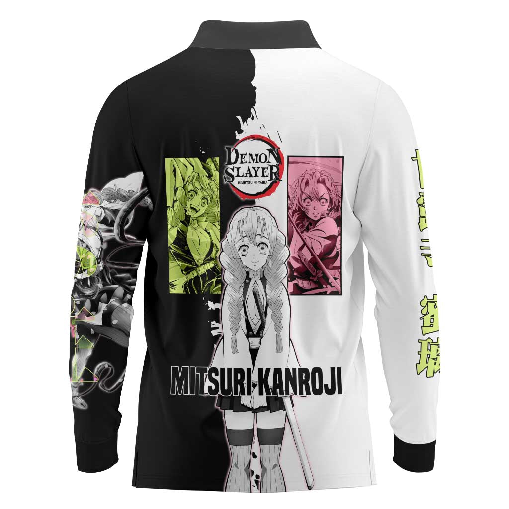 Mitsuri Kanroji from Demon Slayer Long Sleeve Polo Shirt with Black and White Split Background and Energetic Sword Pose Manga Style Design - The Mazicc