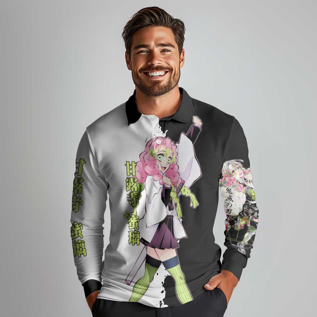 Mitsuri Kanroji from Demon Slayer Long Sleeve Polo Shirt with Black and White Split Background and Energetic Sword Pose Manga Style Design - The Mazicc