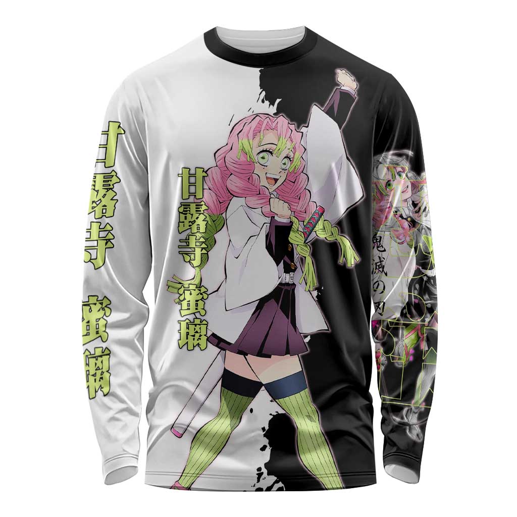 Mitsuri Kanroji from Demon Slayer Long Sleeve Shirt with Black and White Split Background and Energetic Sword Pose Manga Style Design - The Mazicc
