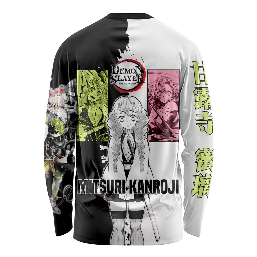 Mitsuri Kanroji from Demon Slayer Long Sleeve Shirt with Black and White Split Background and Energetic Sword Pose Manga Style Design - The Mazicc