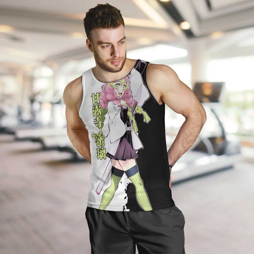 Mitsuri Kanroji from Demon Slayer Men Tank Top with Black and White Split Background and Energetic Sword Pose Manga Style Design - The Mazicc