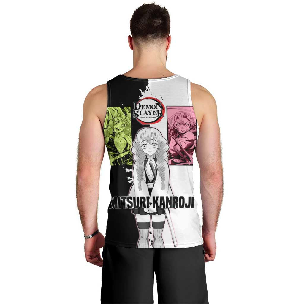 Mitsuri Kanroji from Demon Slayer Men Tank Top with Black and White Split Background and Energetic Sword Pose Manga Style Design - The Mazicc