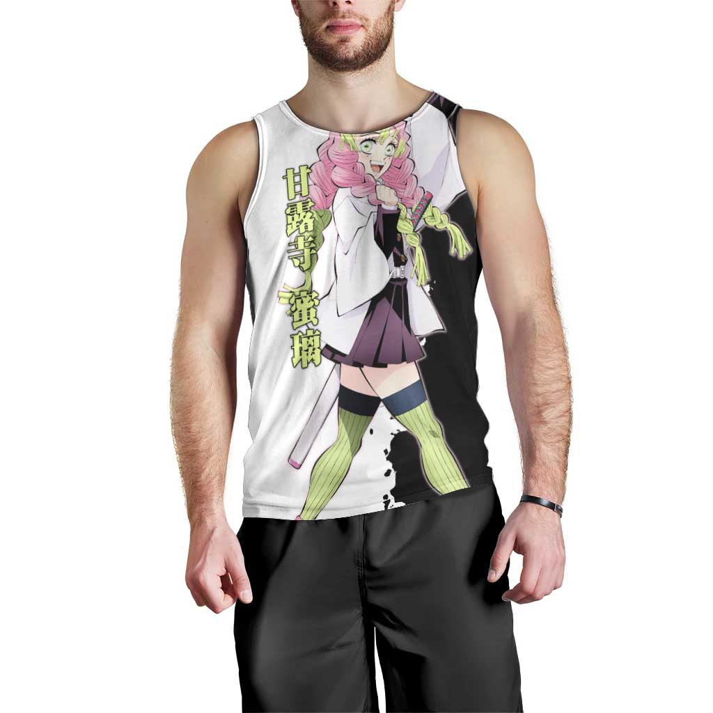 Mitsuri Kanroji from Demon Slayer Men Tank Top with Black and White Split Background and Energetic Sword Pose Manga Style Design - The Mazicc