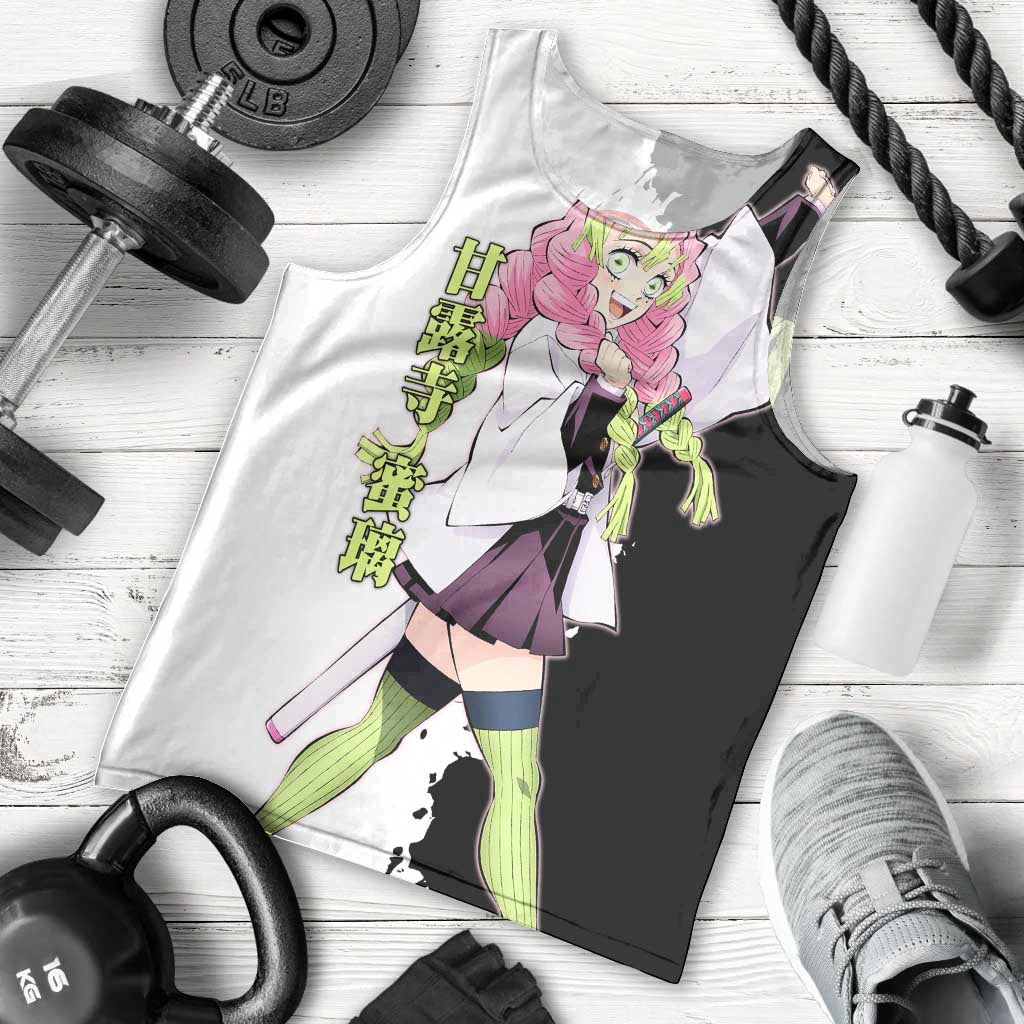 Mitsuri Kanroji from Demon Slayer Men Tank Top with Black and White Split Background and Energetic Sword Pose Manga Style Design - The Mazicc