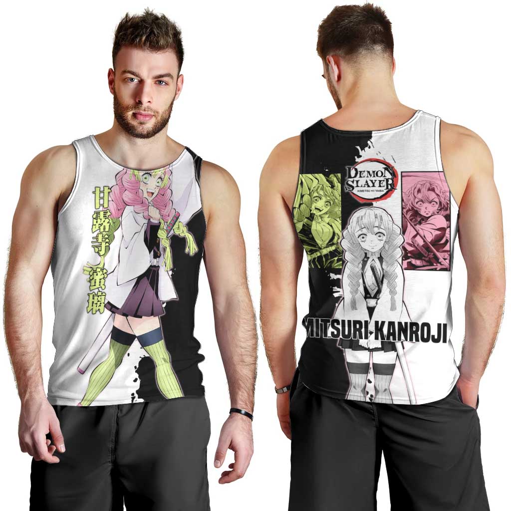 Mitsuri Kanroji from Demon Slayer Men Tank Top with Black and White Split Background and Energetic Sword Pose Manga Style Design - The Mazicc