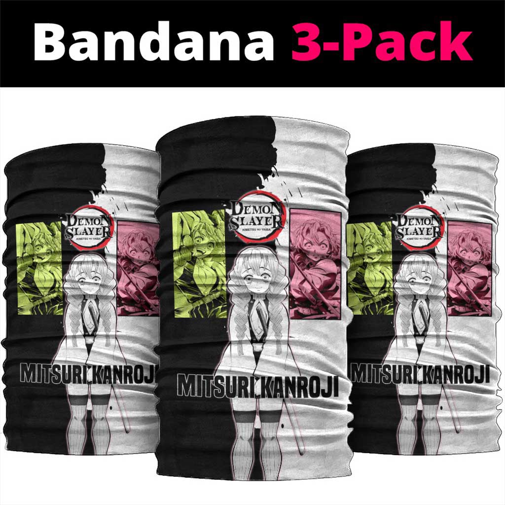 Mitsuri Kanroji from Demon Slayer Neck Gaiter with Black and White Split Background and Energetic Sword Pose Manga Style Design - The Mazicc