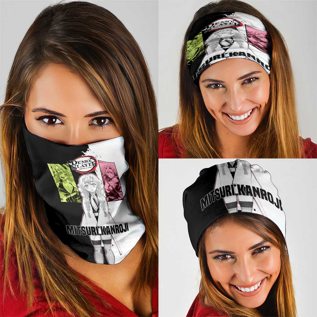 Mitsuri Kanroji from Demon Slayer Neck Gaiter with Black and White Split Background and Energetic Sword Pose Manga Style Design - The Mazicc