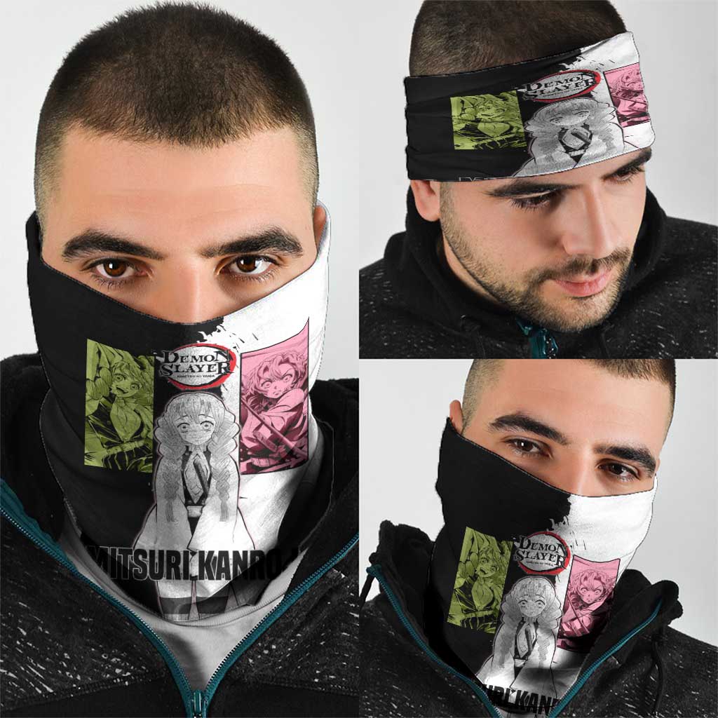 Mitsuri Kanroji from Demon Slayer Neck Gaiter with Black and White Split Background and Energetic Sword Pose Manga Style Design - The Mazicc