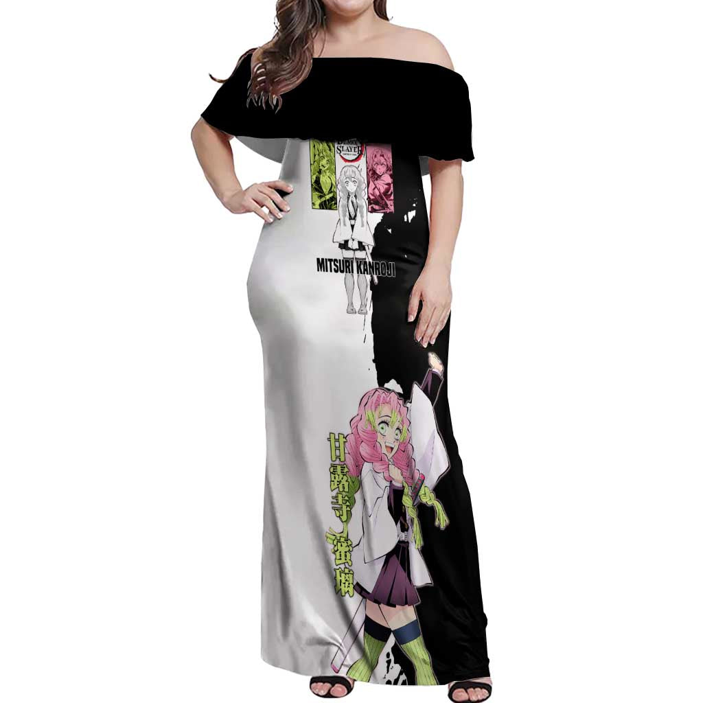 Mitsuri Kanroji from Demon Slayer Off Shoulder Maxi Dress with Black and White Split Background and Energetic Sword Pose Manga Style Design - The Mazicc