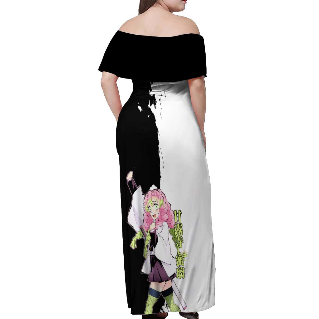 Mitsuri Kanroji from Demon Slayer Off Shoulder Maxi Dress with Black and White Split Background and Energetic Sword Pose Manga Style Design - The Mazicc