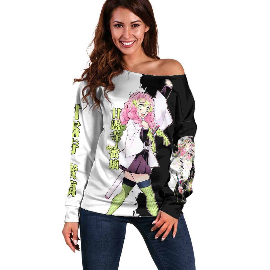 Mitsuri Kanroji from Demon Slayer Off Shoulder Sweater with Black and White Split Background and Energetic Sword Pose Manga Style Design - The Mazicc