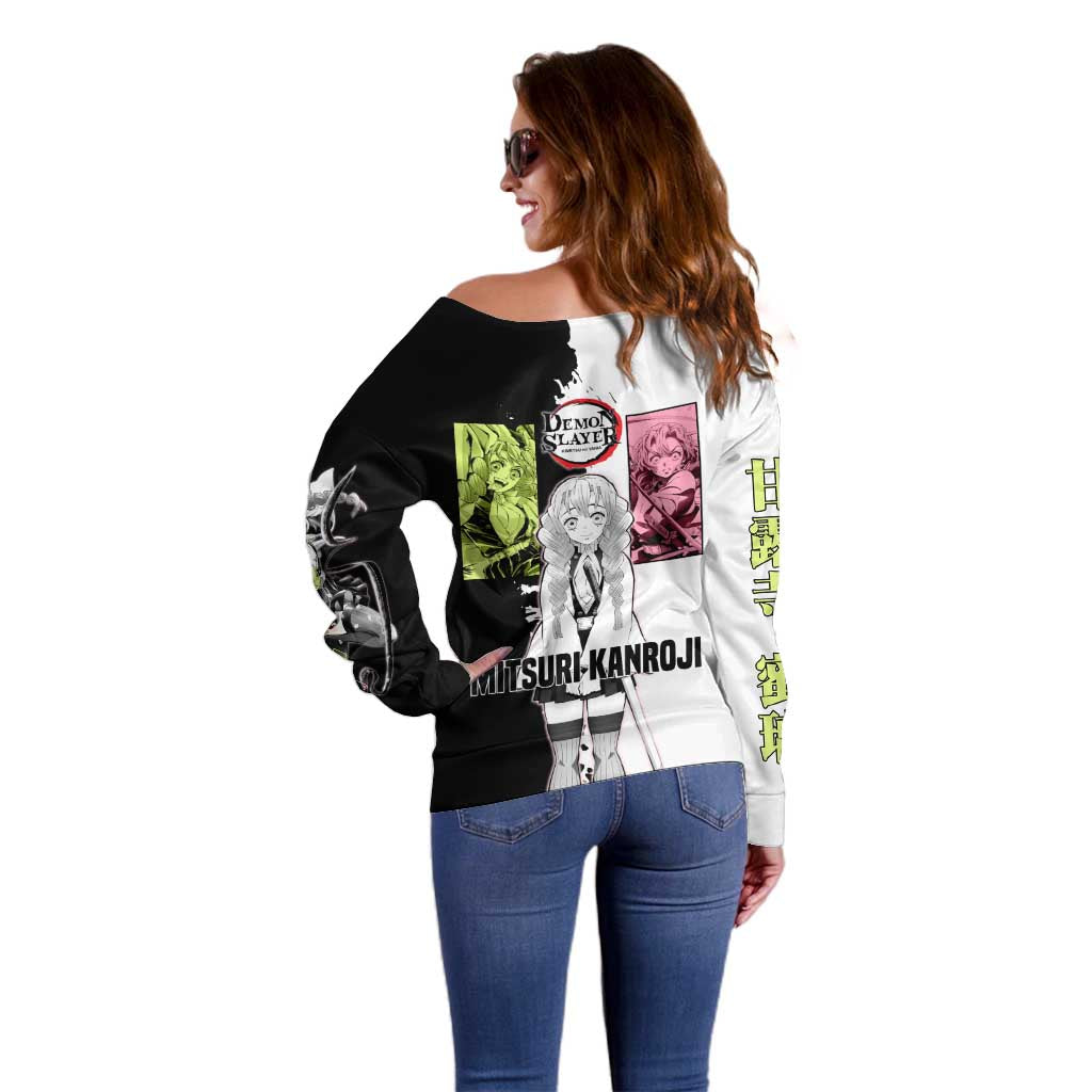 Mitsuri Kanroji from Demon Slayer Off Shoulder Sweater with Black and White Split Background and Energetic Sword Pose Manga Style Design - The Mazicc