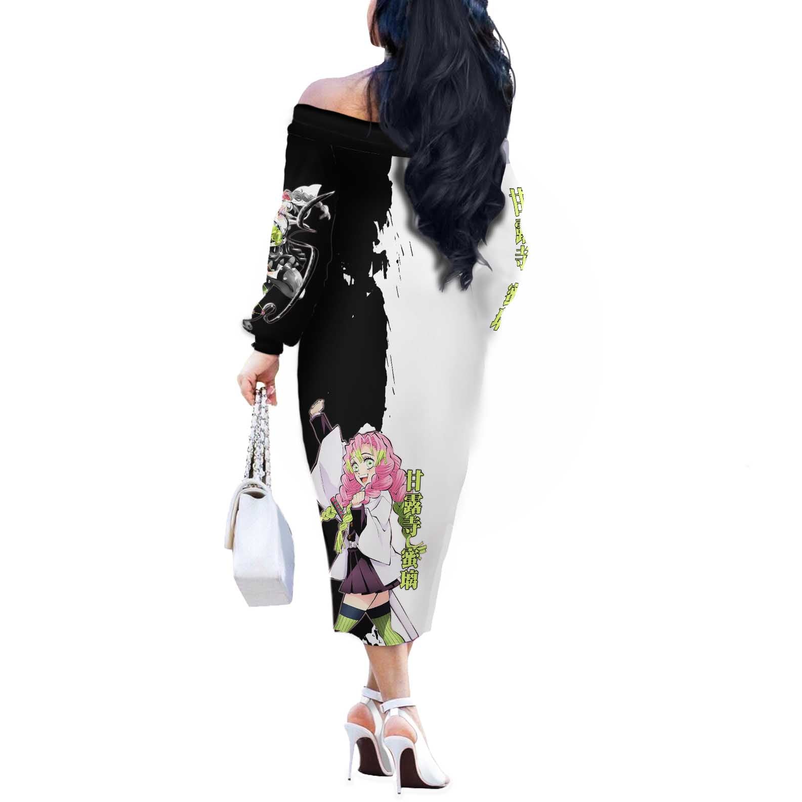 Mitsuri Kanroji from Demon Slayer Off The Shoulder Long Sleeve Dress with Black and White Split Background and Energetic Sword Pose Manga Style Design - The Mazicc