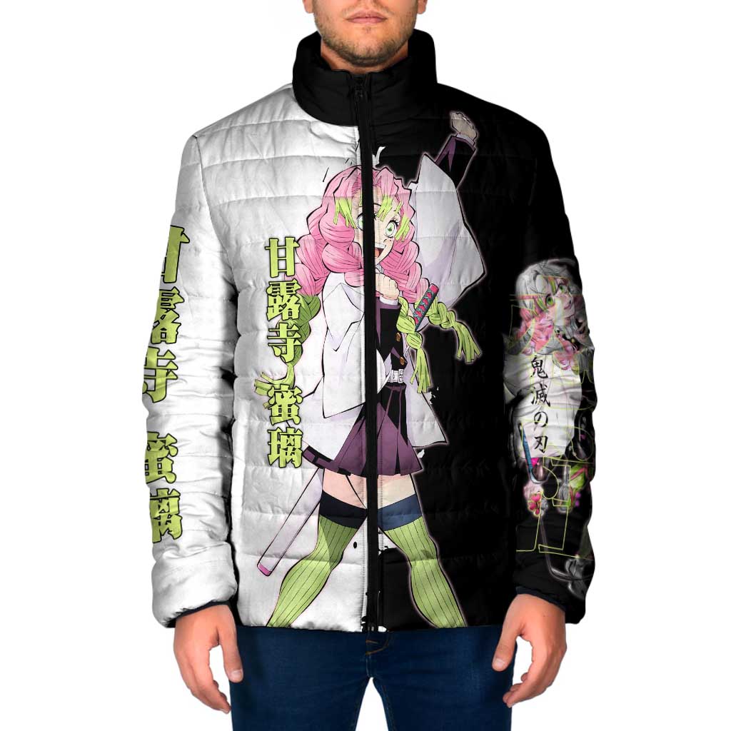 Mitsuri Kanroji from Demon Slayer Padded Jacket with Black and White Split Background and Energetic Sword Pose Manga Style Design - The Mazicc