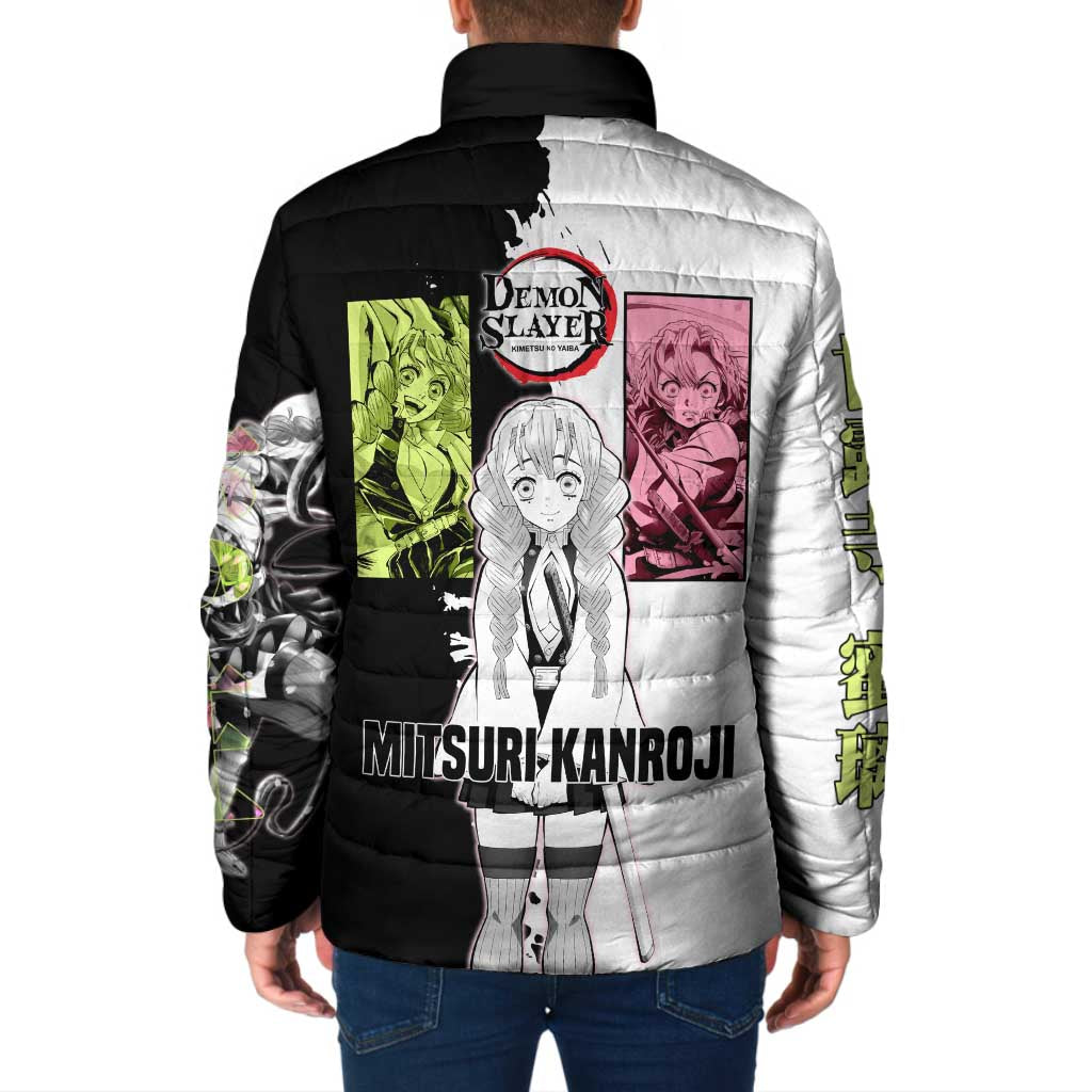Mitsuri Kanroji from Demon Slayer Padded Jacket with Black and White Split Background and Energetic Sword Pose Manga Style Design - The Mazicc