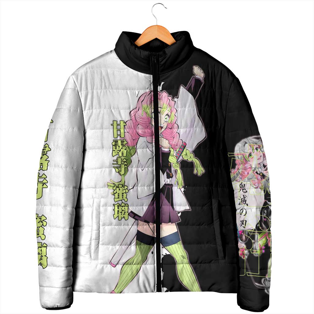 Mitsuri Kanroji from Demon Slayer Padded Jacket with Black and White Split Background and Energetic Sword Pose Manga Style Design - The Mazicc