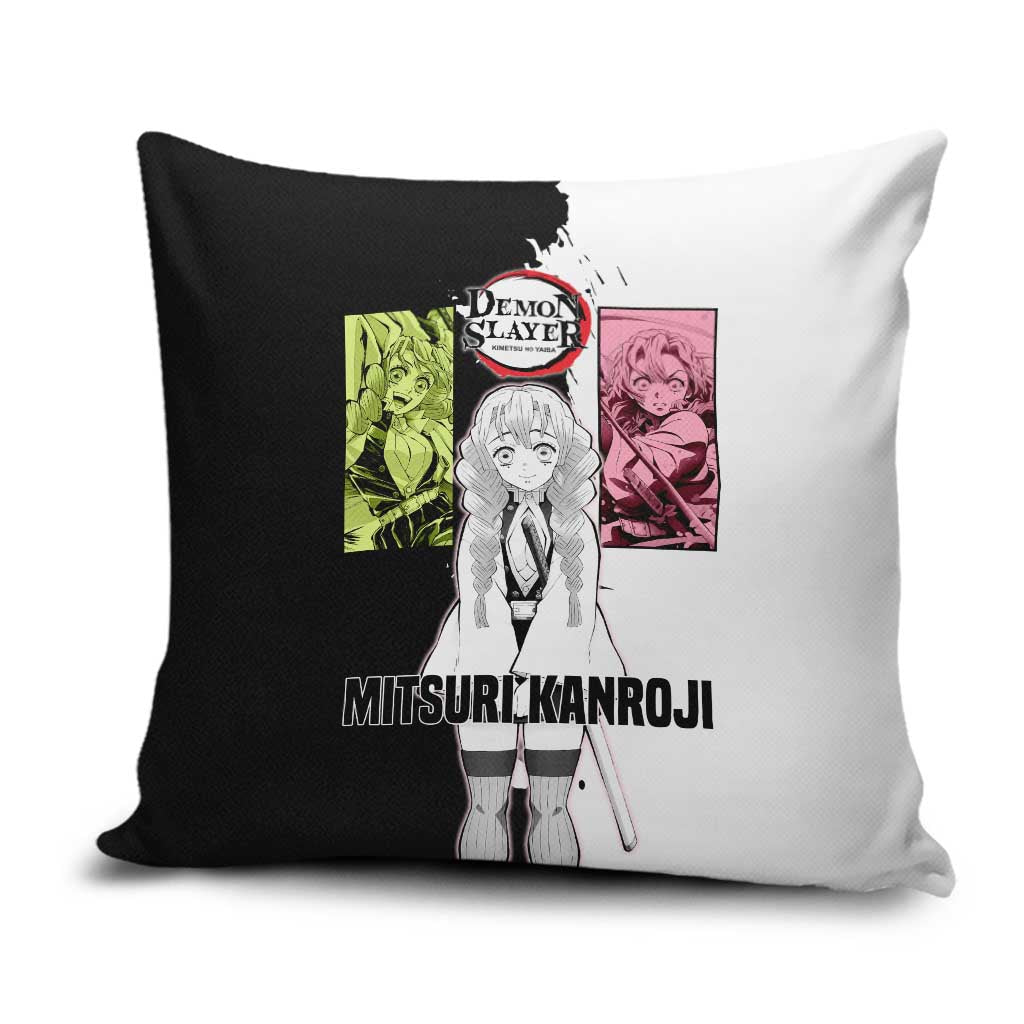Mitsuri Kanroji from Demon Slayer Pillow Cover with Black and White Split Background and Energetic Sword Pose Manga Style Design - The Mazicc