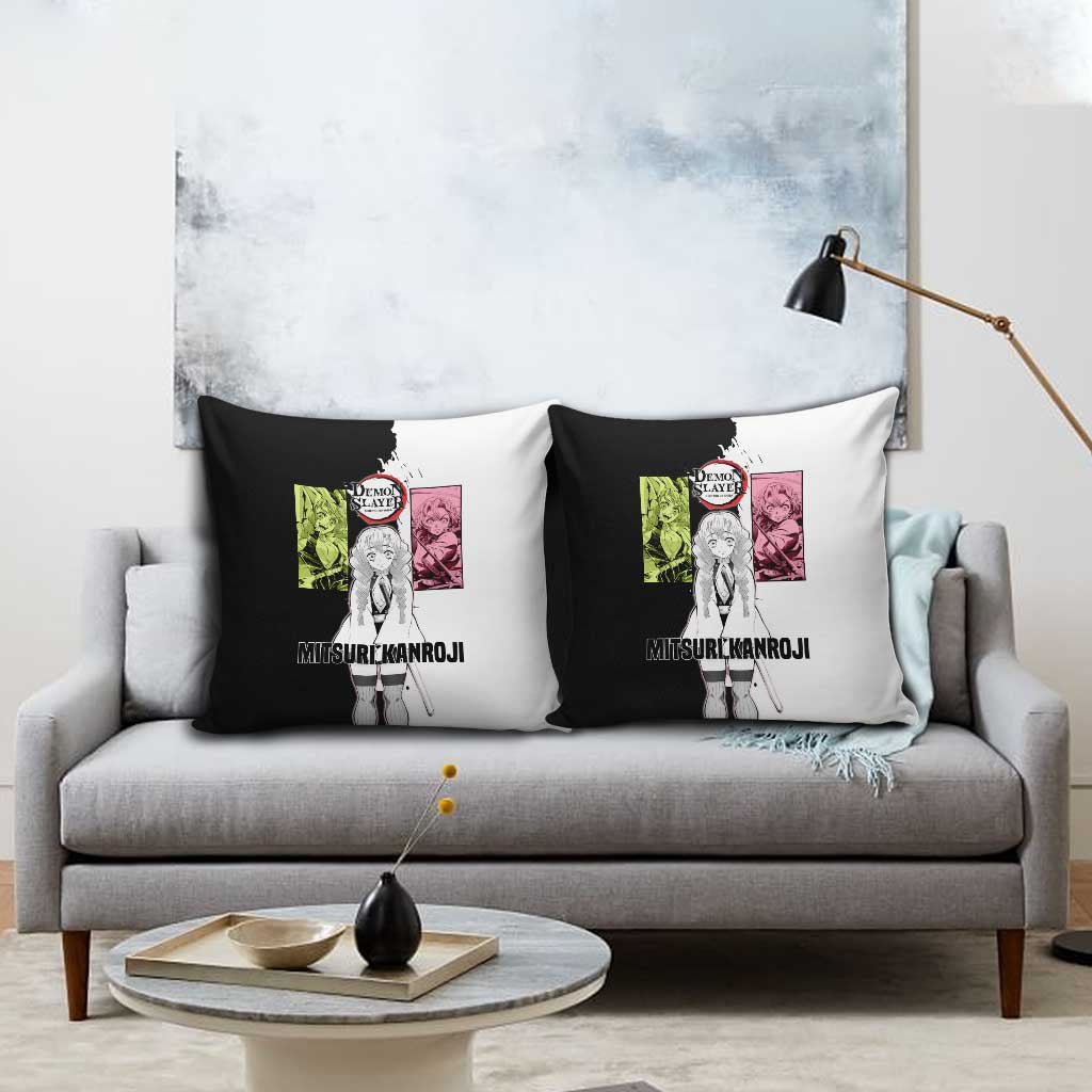 Mitsuri Kanroji from Demon Slayer Pillow Cover with Black and White Split Background and Energetic Sword Pose Manga Style Design - The Mazicc