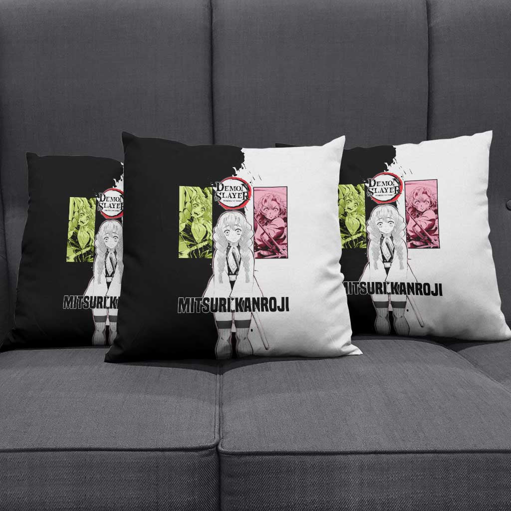 Mitsuri Kanroji from Demon Slayer Pillow Cover with Black and White Split Background and Energetic Sword Pose Manga Style Design - The Mazicc