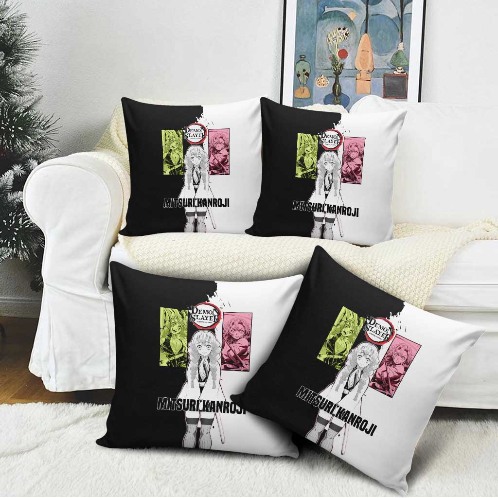 Mitsuri Kanroji from Demon Slayer Pillow Cover with Black and White Split Background and Energetic Sword Pose Manga Style Design - The Mazicc
