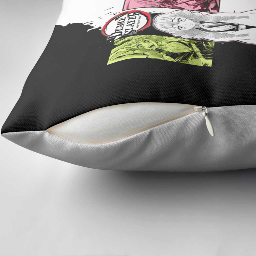 Mitsuri Kanroji from Demon Slayer Pillow Cover with Black and White Split Background and Energetic Sword Pose Manga Style Design - The Mazicc