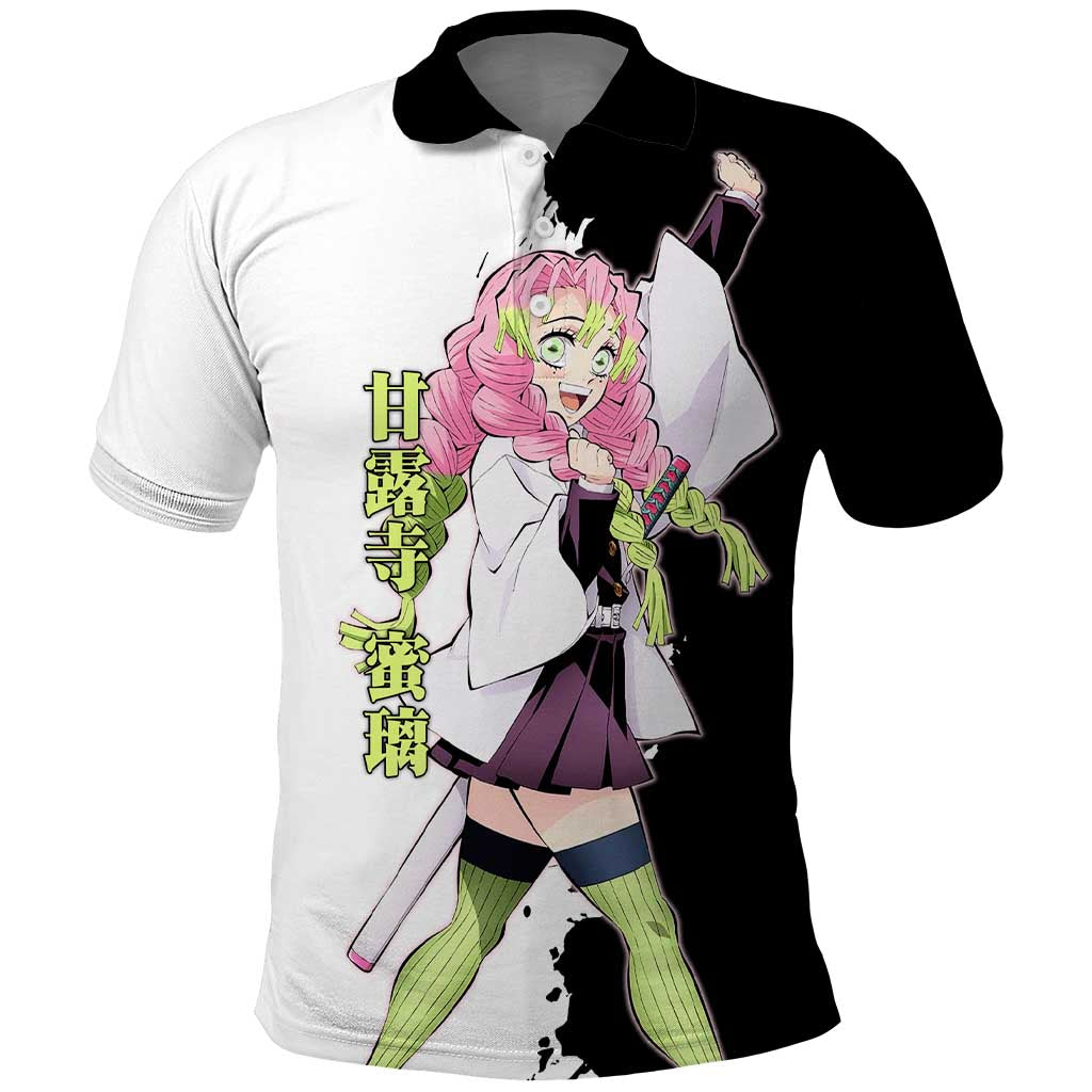 Mitsuri Kanroji from Demon Slayer Polo Shirt with Black and White Split Background and Energetic Sword Pose Manga Style Design - The Mazicc