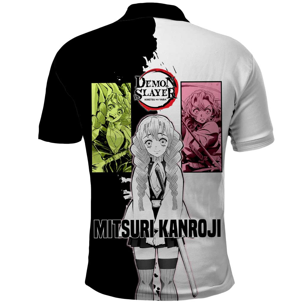 Mitsuri Kanroji from Demon Slayer Polo Shirt with Black and White Split Background and Energetic Sword Pose Manga Style Design - The Mazicc