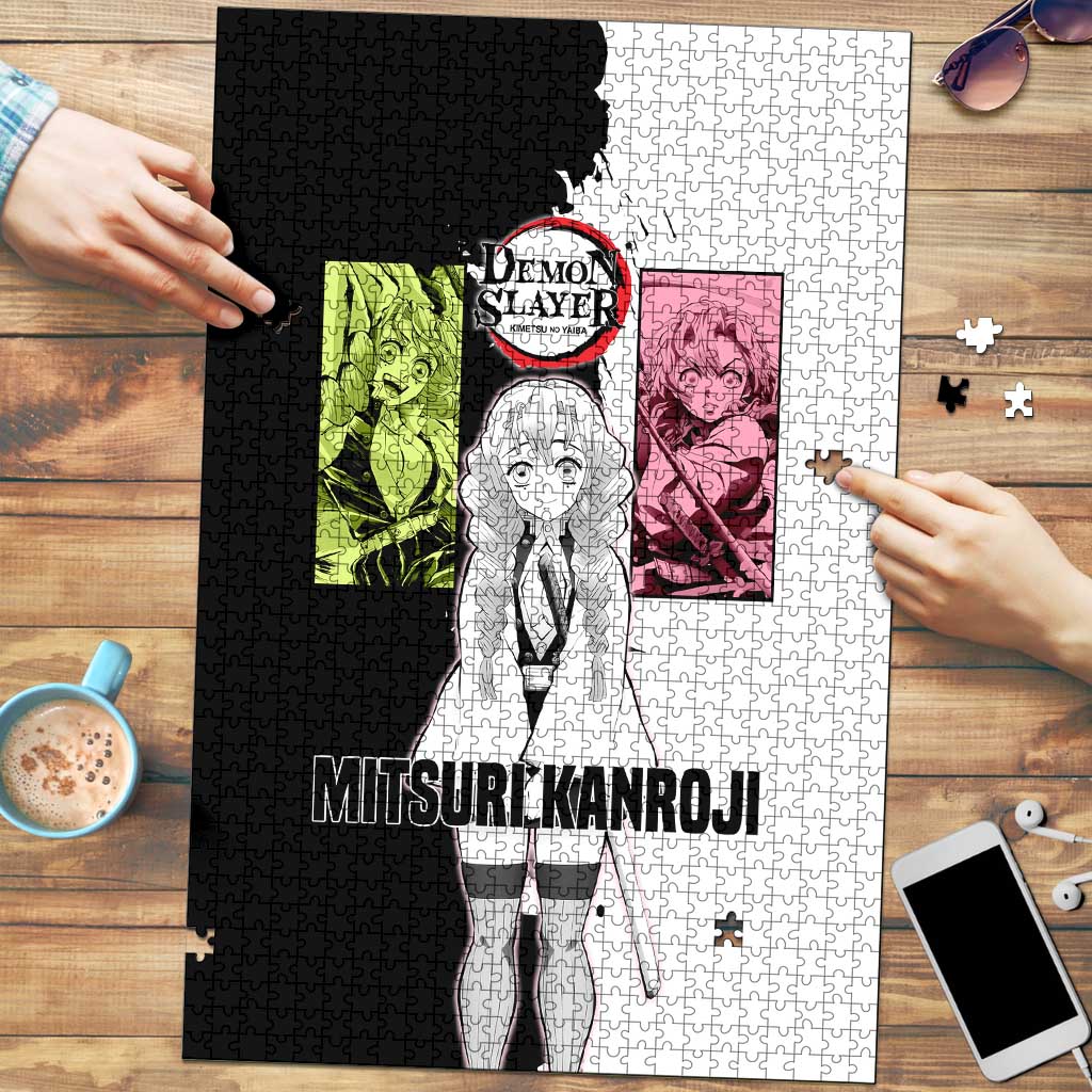 Mitsuri Kanroji from Demon Slayer Puzzle with Black and White Split Background and Energetic Sword Pose Manga Style Design - The Mazicc