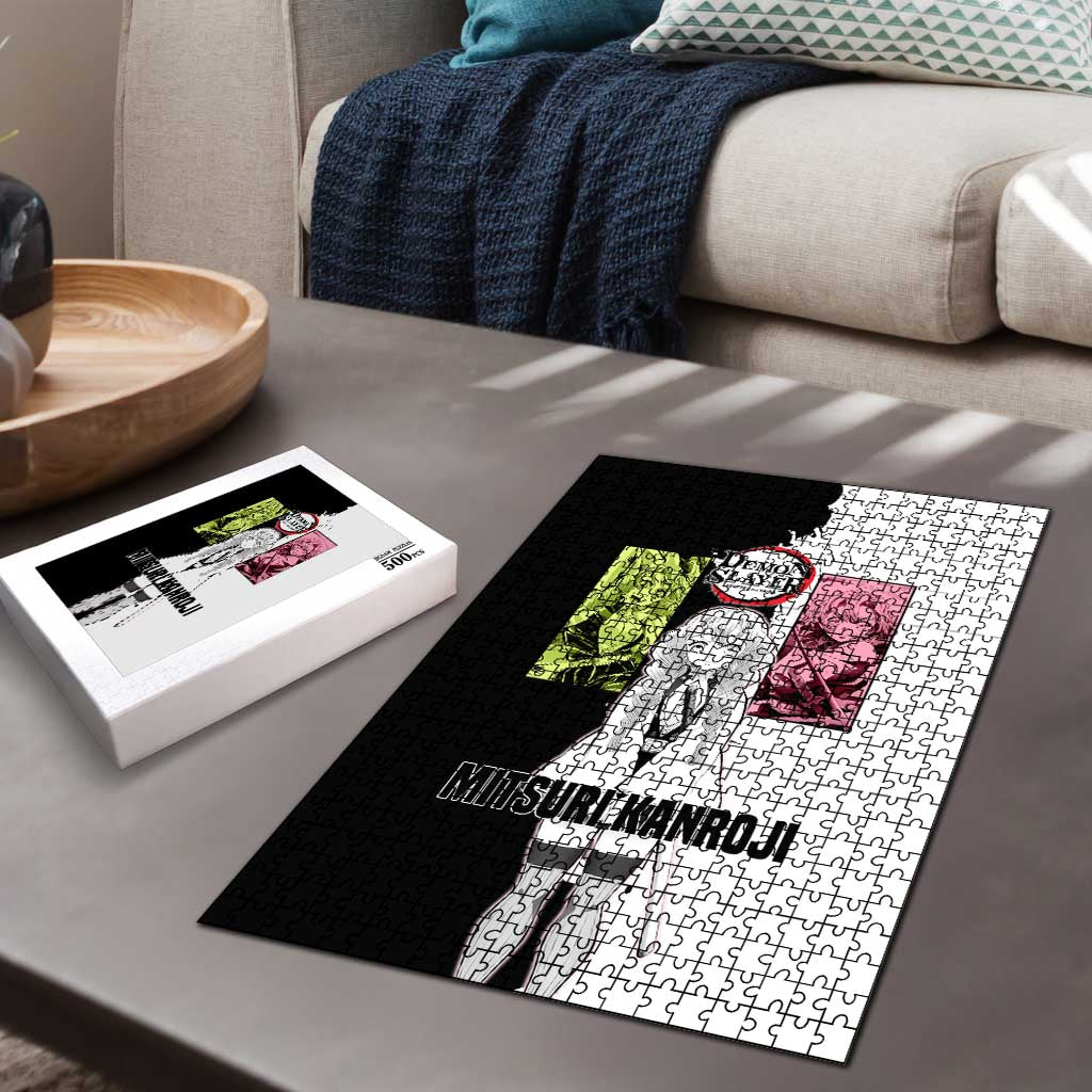 Mitsuri Kanroji from Demon Slayer Puzzle with Black and White Split Background and Energetic Sword Pose Manga Style Design - The Mazicc