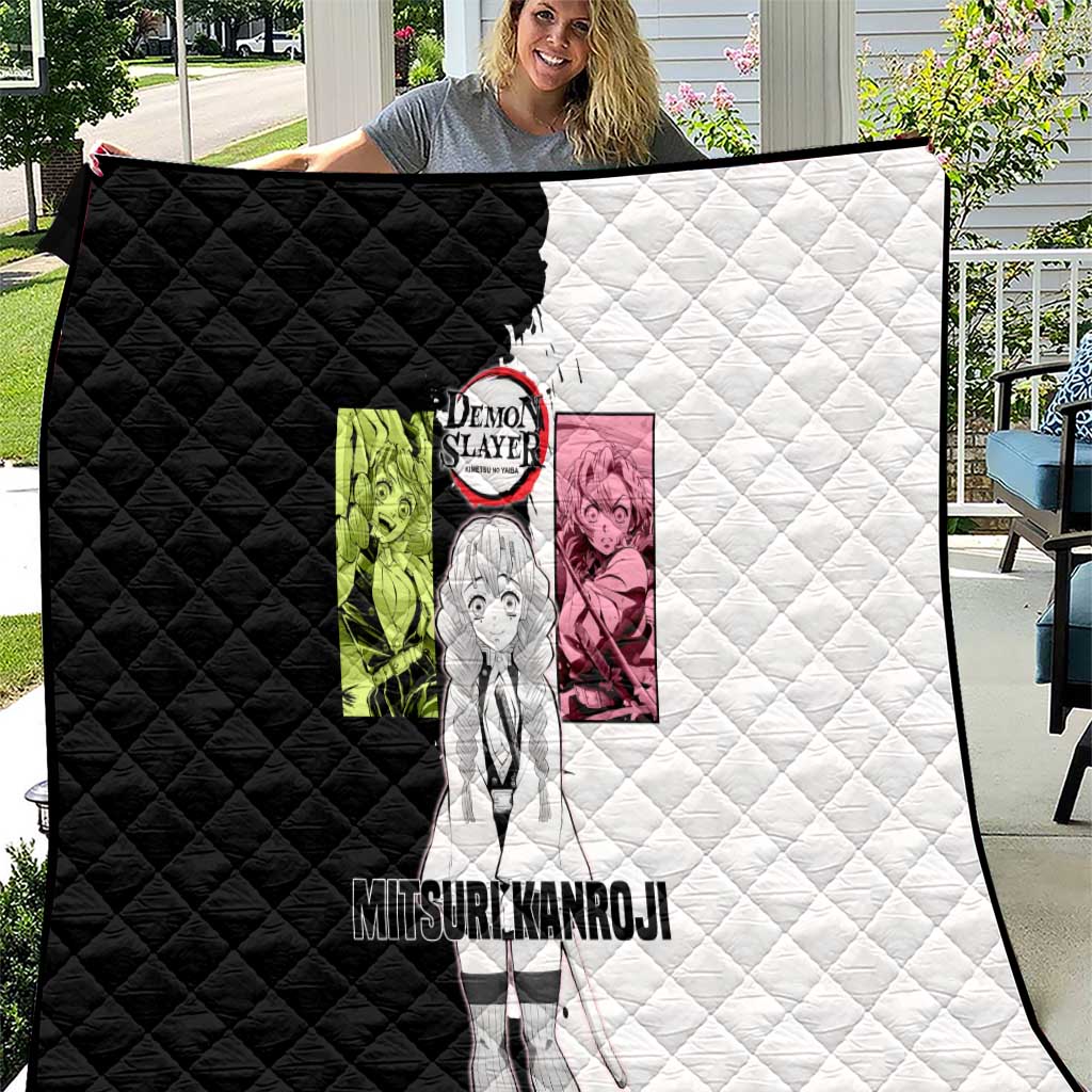 Mitsuri Kanroji from Demon Slayer Quilt with Black and White Split Background and Energetic Sword Pose Manga Style Design - The Mazicc