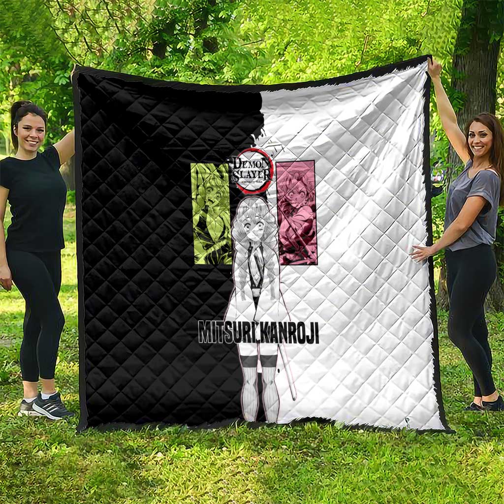 Mitsuri Kanroji from Demon Slayer Quilt with Black and White Split Background and Energetic Sword Pose Manga Style Design - The Mazicc