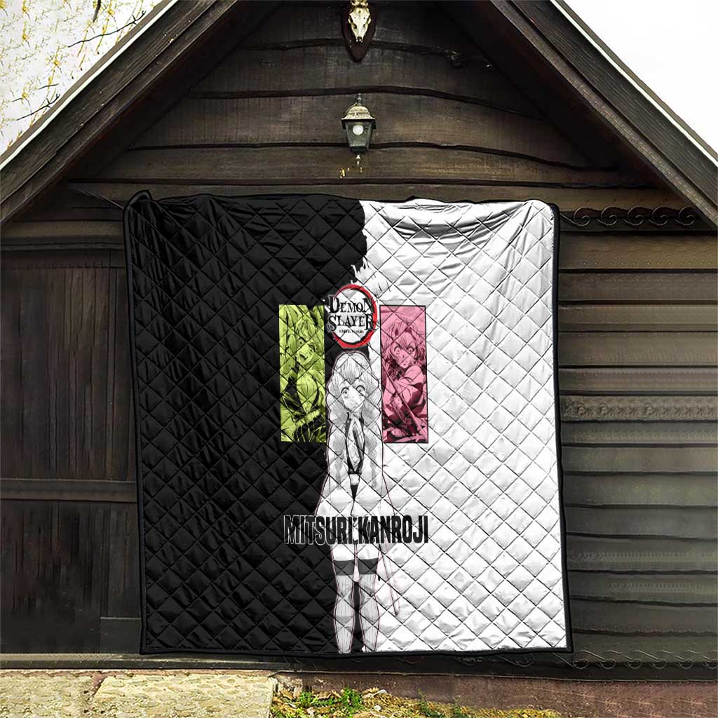Mitsuri Kanroji from Demon Slayer Quilt with Black and White Split Background and Energetic Sword Pose Manga Style Design - The Mazicc