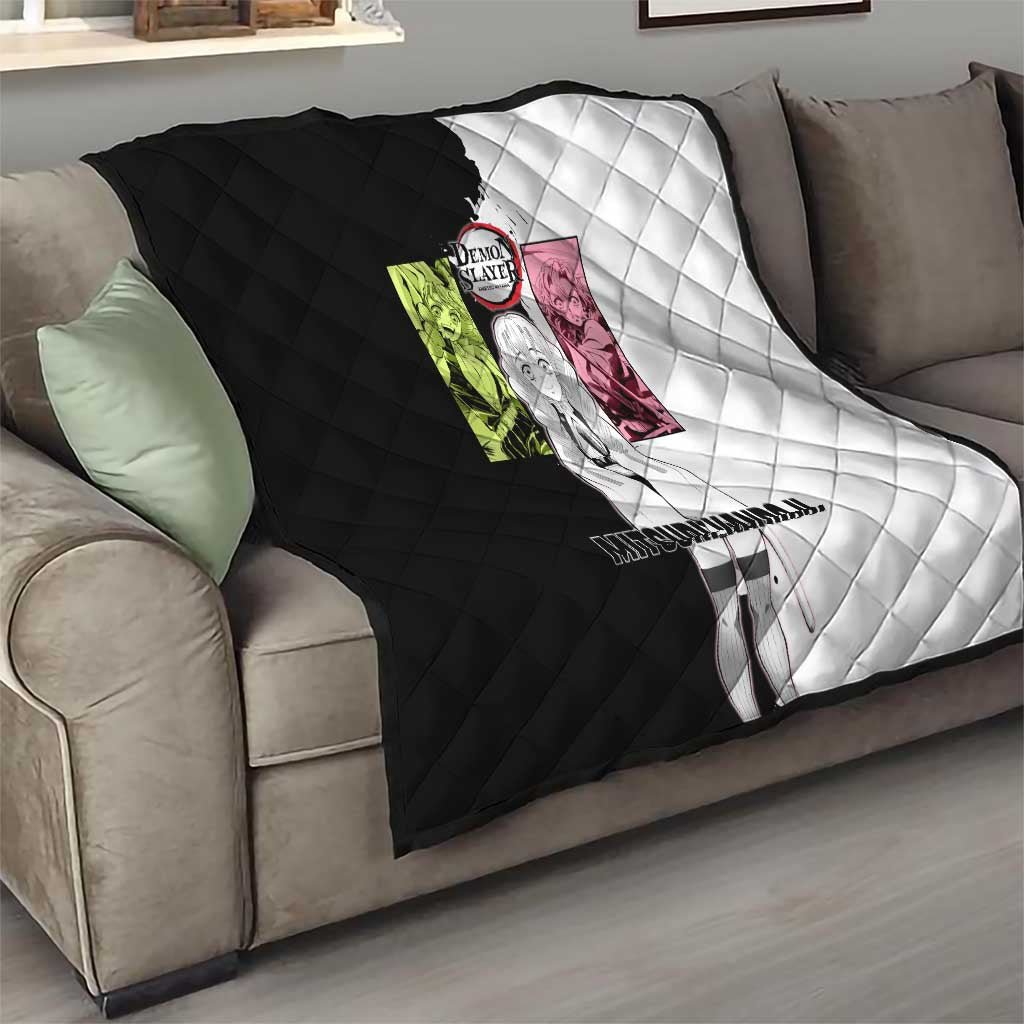Mitsuri Kanroji from Demon Slayer Quilt with Black and White Split Background and Energetic Sword Pose Manga Style Design - The Mazicc