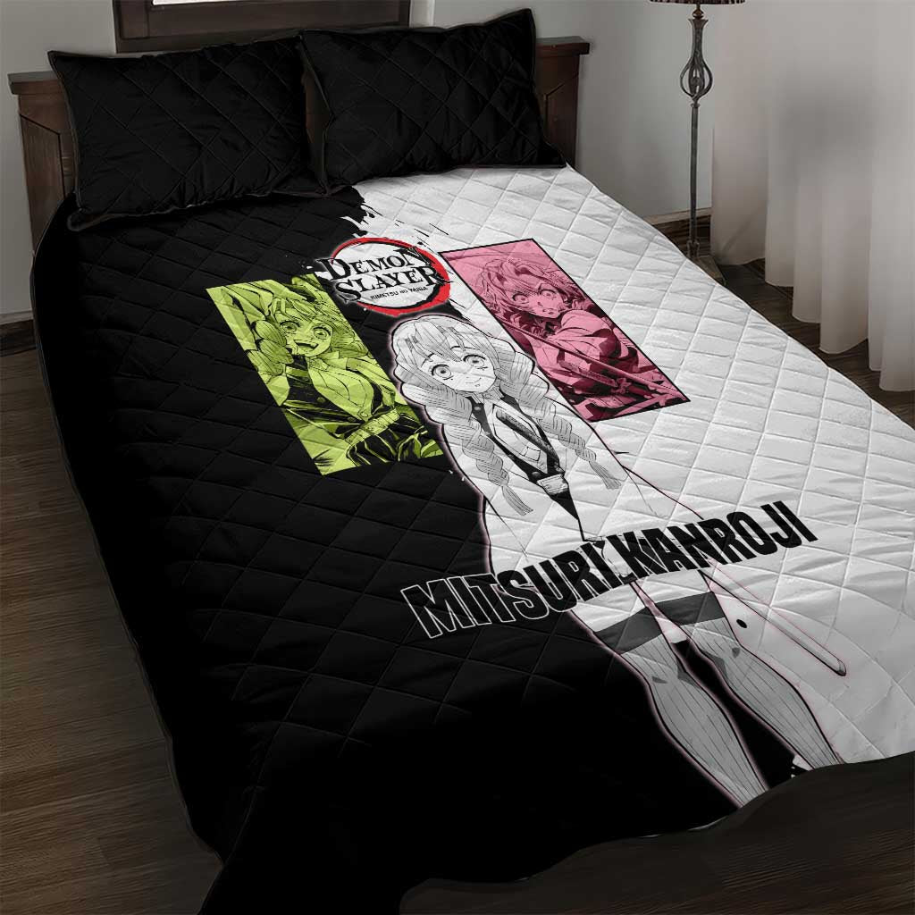 Mitsuri Kanroji from Demon Slayer Quilt Bed Set with Black and White Split Background and Energetic Sword Pose Manga Style Design - The Mazicc