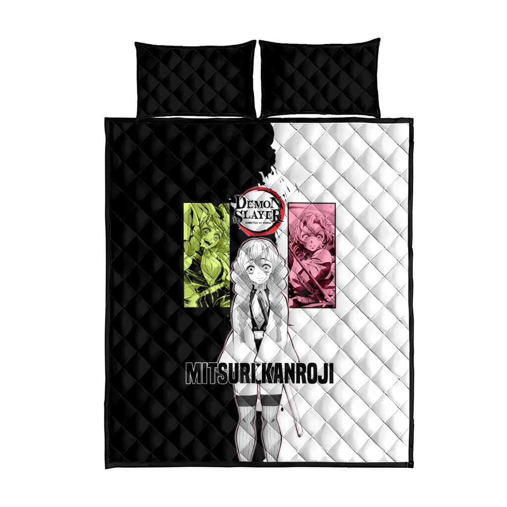 Mitsuri Kanroji from Demon Slayer Quilt Bed Set with Black and White Split Background and Energetic Sword Pose Manga Style Design - The Mazicc