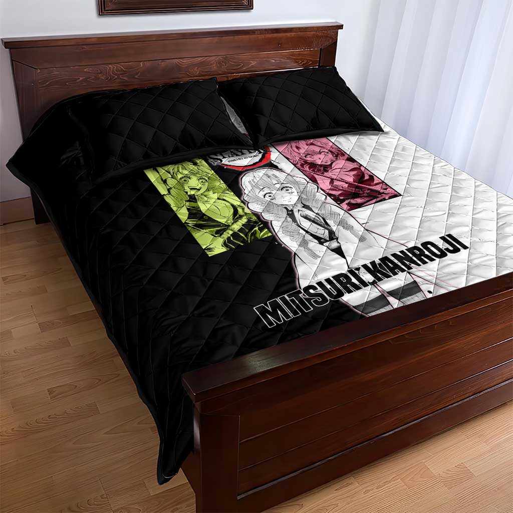 Mitsuri Kanroji from Demon Slayer Quilt Bed Set with Black and White Split Background and Energetic Sword Pose Manga Style Design - The Mazicc