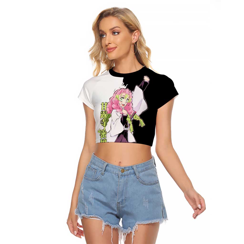 Mitsuri Kanroji from Demon Slayer Raglan Cropped T Shirt with Black and White Split Background and Energetic Sword Pose Manga Style Design - The Mazicc