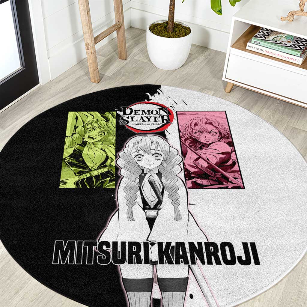 Mitsuri Kanroji from Demon Slayer Round Carpet with Black and White Split Background and Energetic Sword Pose Manga Style Design - The Mazicc