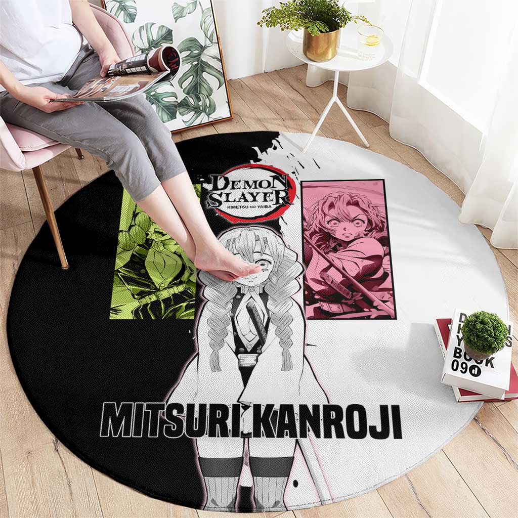 Mitsuri Kanroji from Demon Slayer Round Carpet with Black and White Split Background and Energetic Sword Pose Manga Style Design - The Mazicc