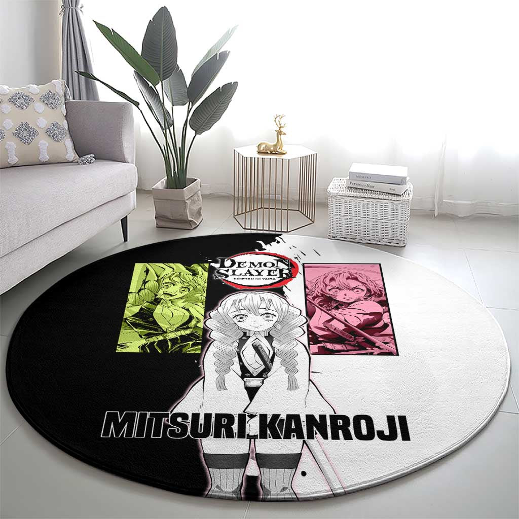 Mitsuri Kanroji from Demon Slayer Round Carpet with Black and White Split Background and Energetic Sword Pose Manga Style Design - The Mazicc