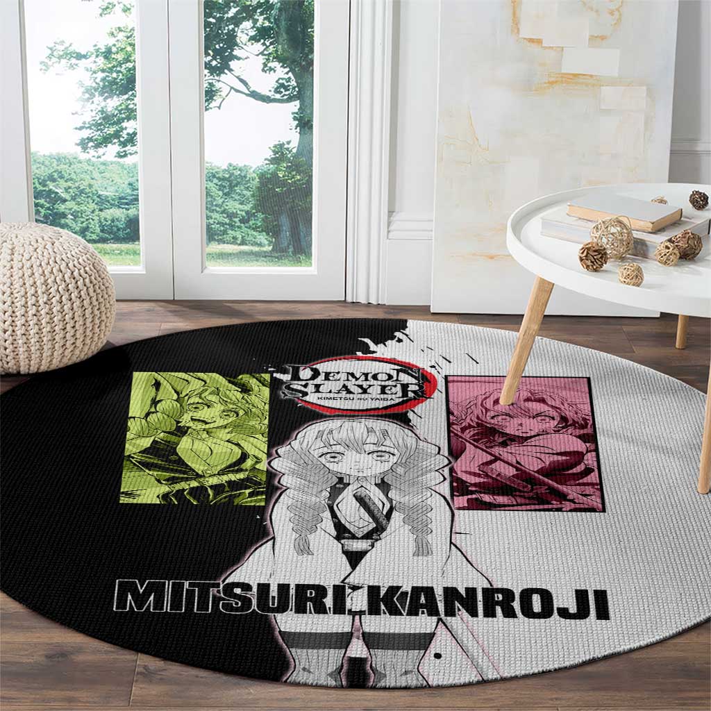 Mitsuri Kanroji from Demon Slayer Round Carpet with Black and White Split Background and Energetic Sword Pose Manga Style Design - The Mazicc