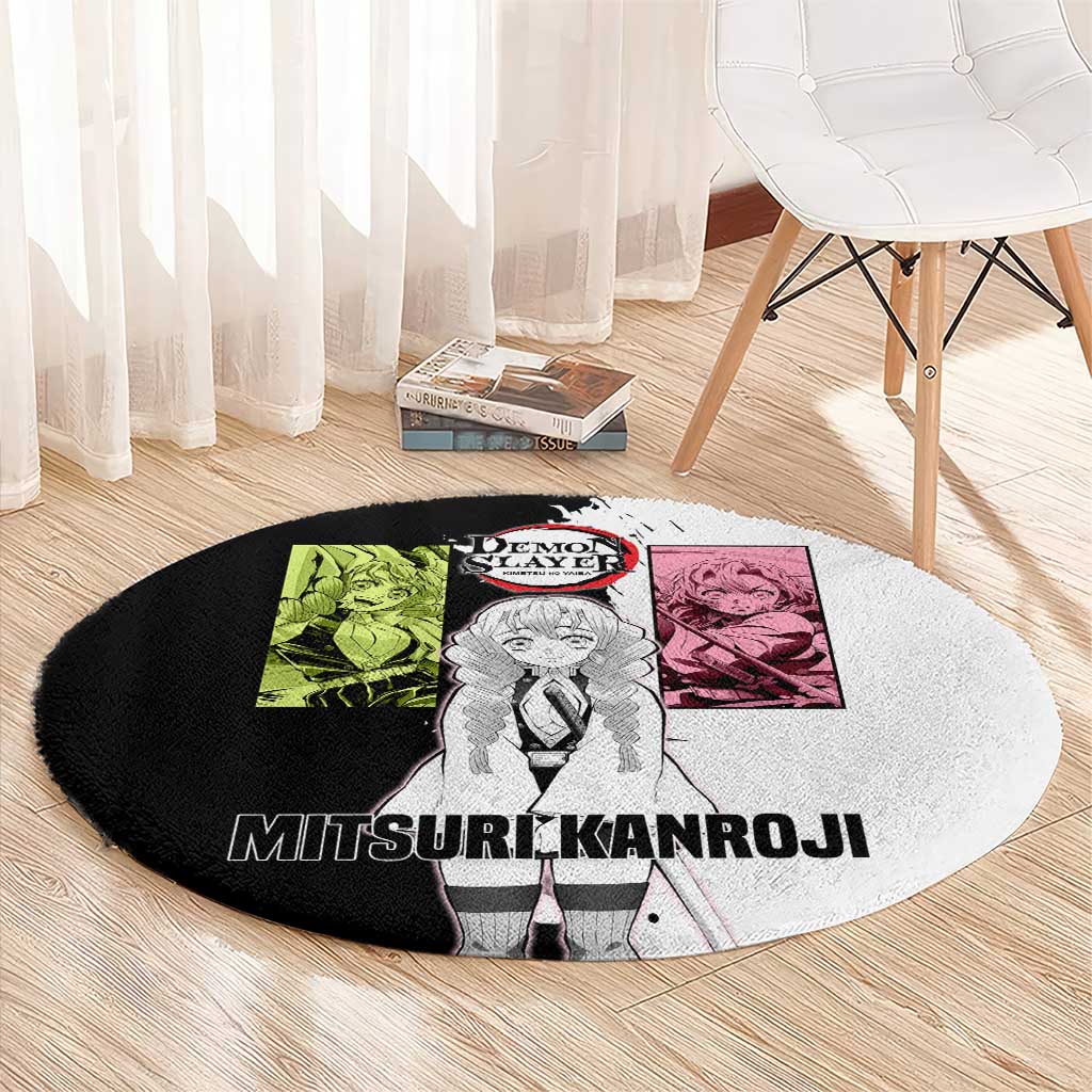 Mitsuri Kanroji from Demon Slayer Round Carpet with Black and White Split Background and Energetic Sword Pose Manga Style Design - The Mazicc